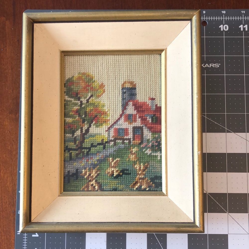 needlepoint of haystacks, farmhouse, autumn tree, silo/framed 10  1/2 x 8 1/2